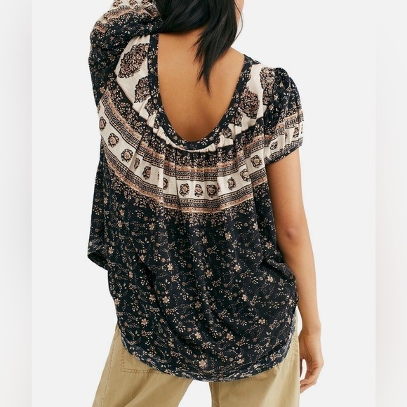 Free People Paisley Tee Shirt Blouse Black Brown XS - Picture 3 of 14